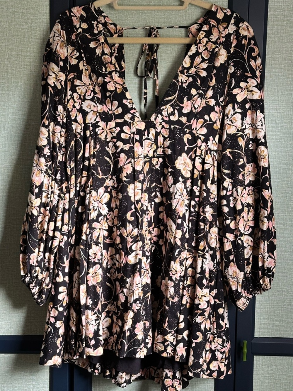 Free People Balloon Sleeve Black + Neutral Floral Print Linen Mini Dress, Size M
